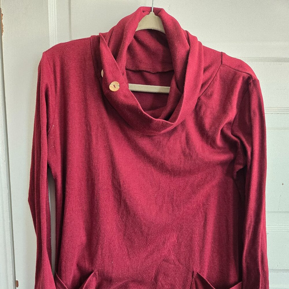 🧶 Levaca Burgundy Button Cowl Neck Tunic Pullover